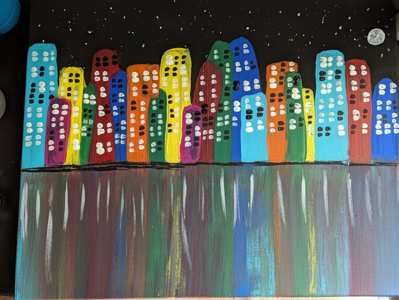 ACRYLIC ABSTRACT PAINTING CITY REFLECTION SKYLINE