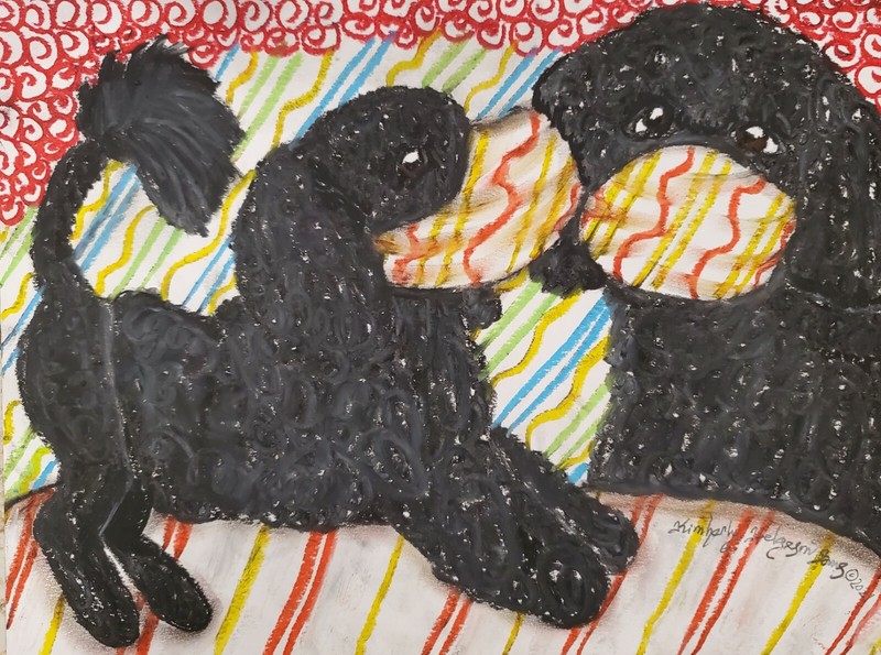 Portuguese Water Dog in Face Masks Original 9×12 Painting by Artist KSams Art