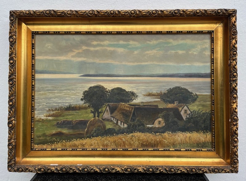 Oil Painting Impressionist Coastal Scene with Thatched Roof Houses 94,5x68cm gallery