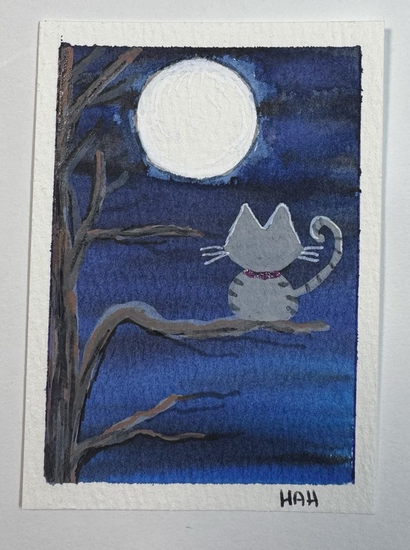 ACEO Original Hand-Painted Acrylic And Watercolor Cat In A Tree 2.5 X 3.5