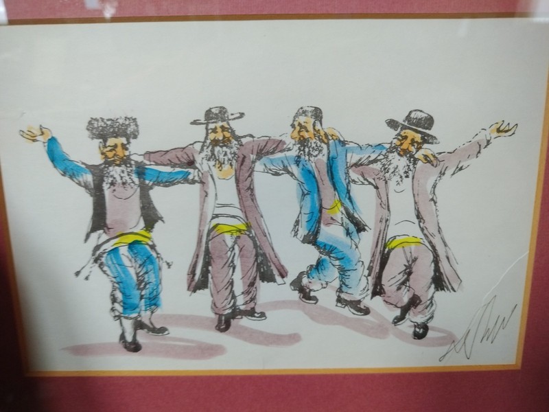Jewish Original Painting Watercolor Ink Art Men Rabbi Dancing Mogal 14″