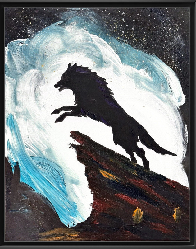 Original Hand Painted 16×20 Wolf Jumping Cliff Acrylic Art Painting Signed MCR