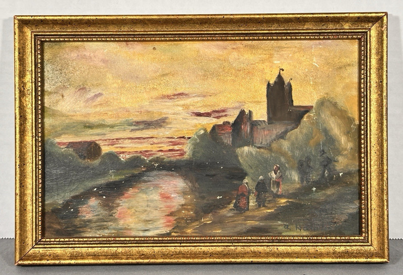 Vintage Miniature Oil Painting River Castle Landscape Signed A Hanchette Framed