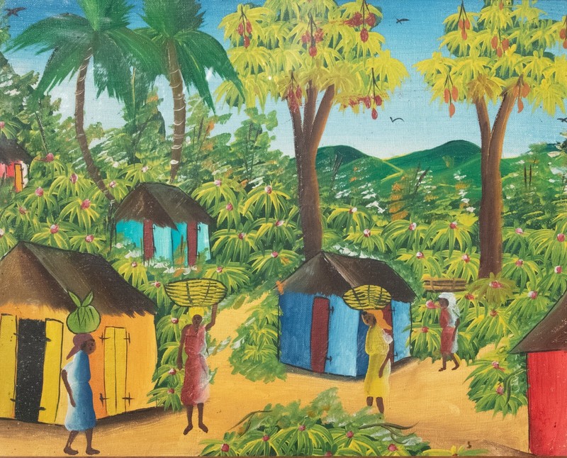 Haitian Village Scene Folk Art Painting Oil on Canvas Signed Ti Manno Colorful