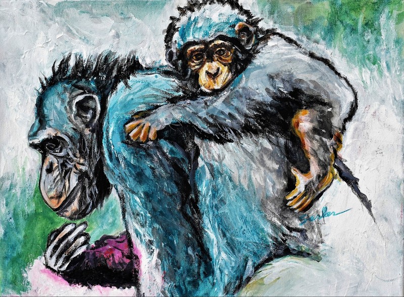 Blue Chimpanzees on Canvas – Paris Collection – African Ape Animal Art 12X18