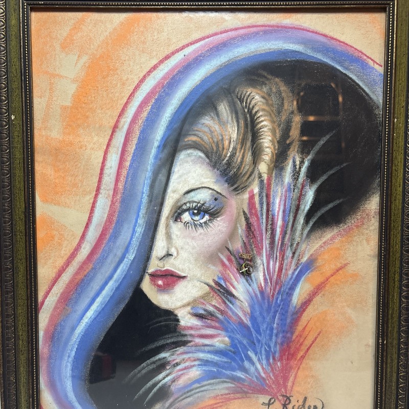 Vintage 1983 Postmodern Art Deco Pastel Portrait by Oregon Artist L. Riden gallery