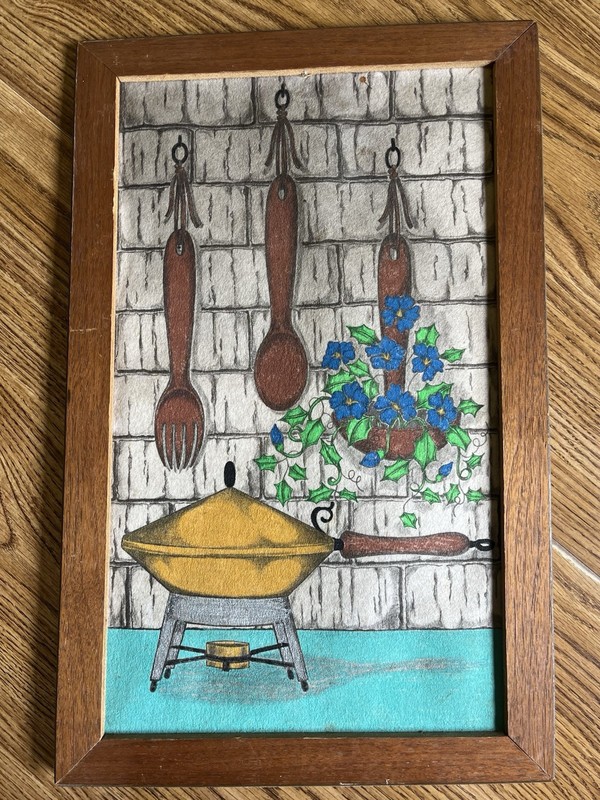 Vintage 1970 HOBBYTEX Paint Kitchen Kitsch Fondue Wooden Frame Wall Art MCM Mod