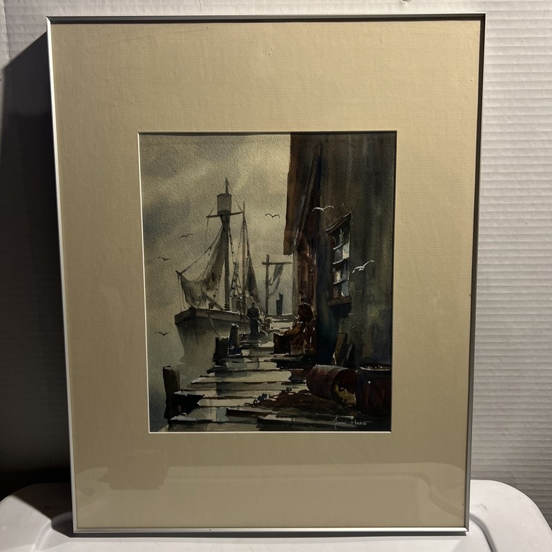 John Cuthbert Hare Dreamy Fog Scene Fishermen working, Framed