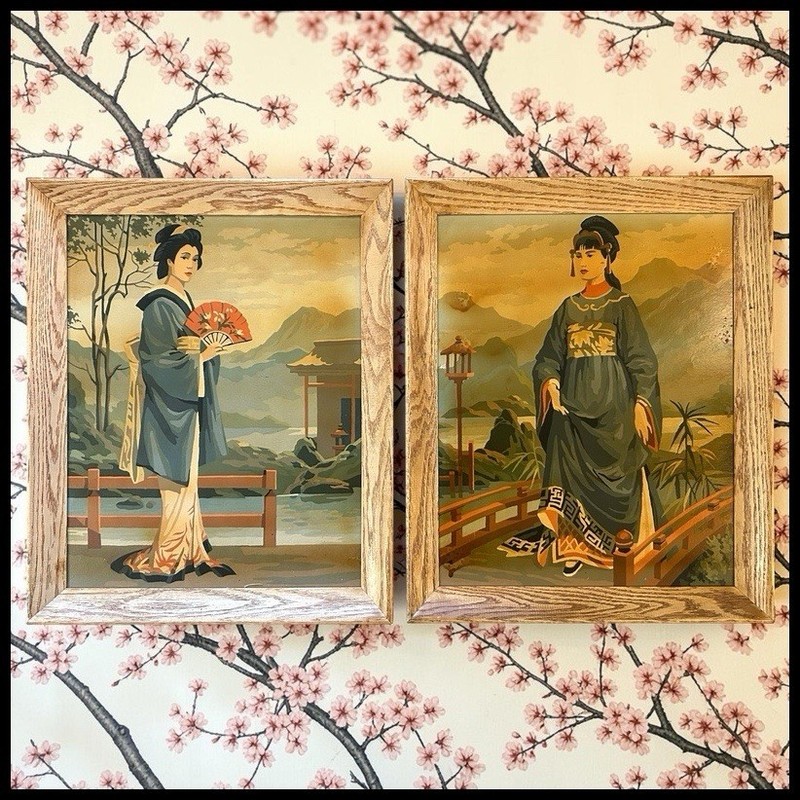 Pair of Vintage 1965 Craft Master Paint By Number Japanese Geisha Oil Paintings