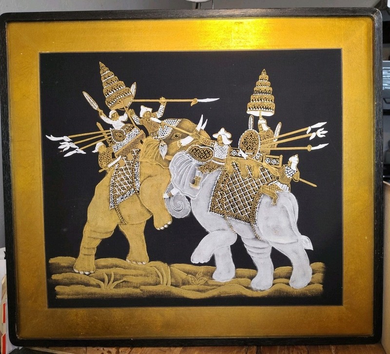 VTG Thai Painting Asian War Elephants Fighting Gold Paint on Black Silk