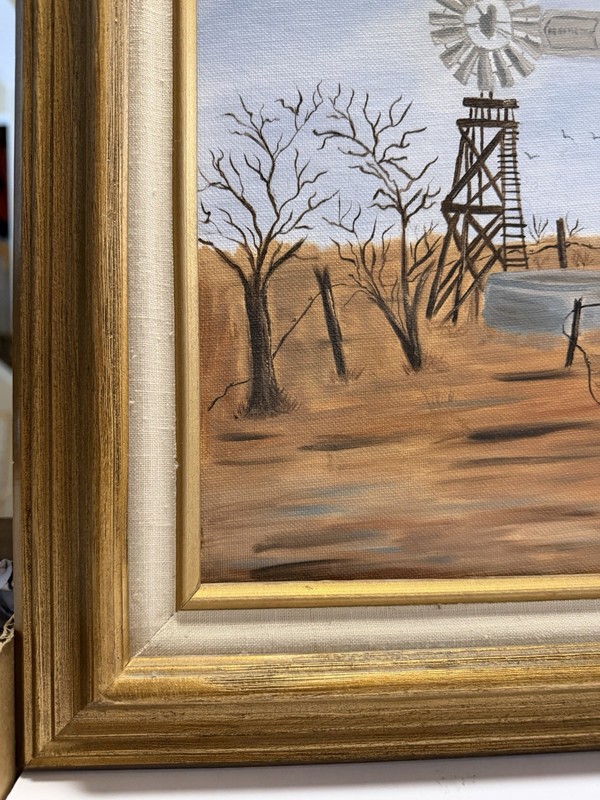 Hazel Douglas Framed Signed Oil on Canvas Painting Barn Windmill Landscape 14x18 gallery