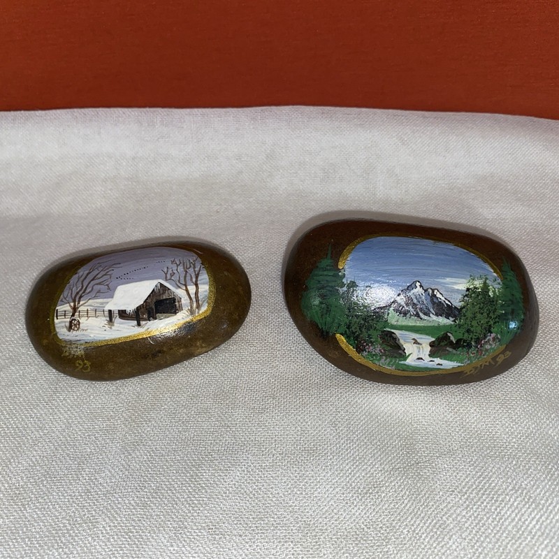 2 Vintage 1993 Hand Painted Rocks Wood Mountain Scene & Winter Farm