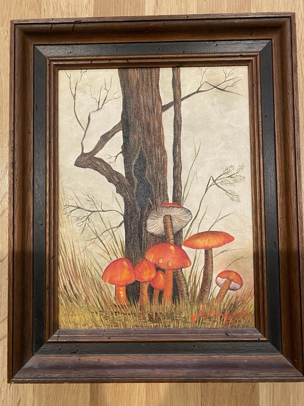 Jo Hollingsworth Vintage Mushroom Oil Painting Signed Framed