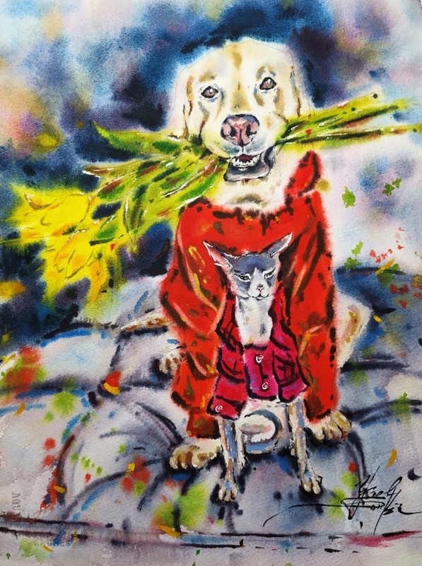 Original Watercolor Labrador Dog and Sphynx Cat Painting, Animals Art, 15″x11″