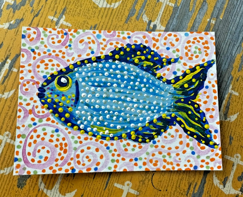 ACEO Original Mixed Media Blue Fish Watercolor Acrylic Nautical Ocean Painting
