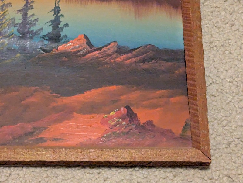 Vtg Primitive Rustic Frame With Painting Cabin Cottage Scene On Pond gallery