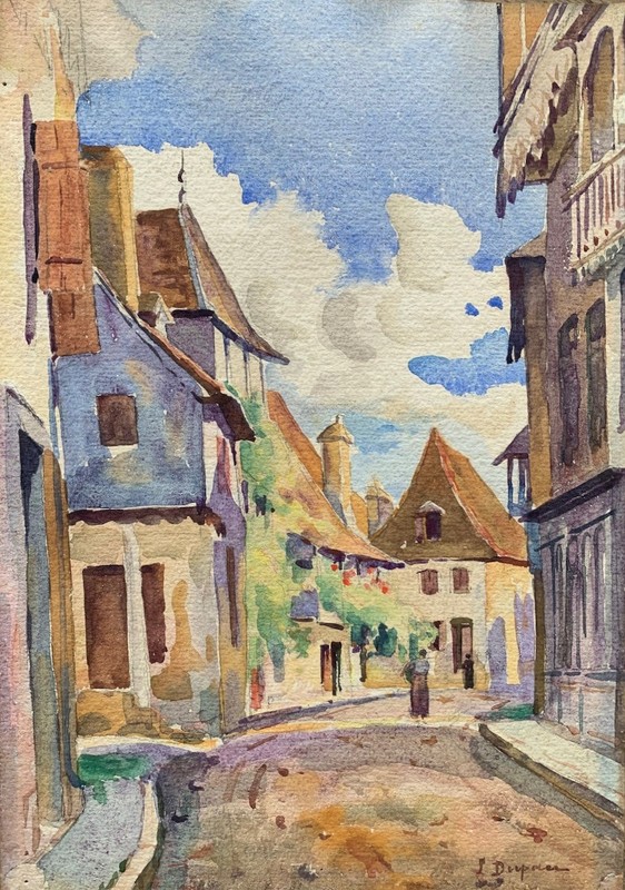 Louise Dupan Antique French Watercolor Village Salies Béarn Pyrénées Signed 1917 gallery