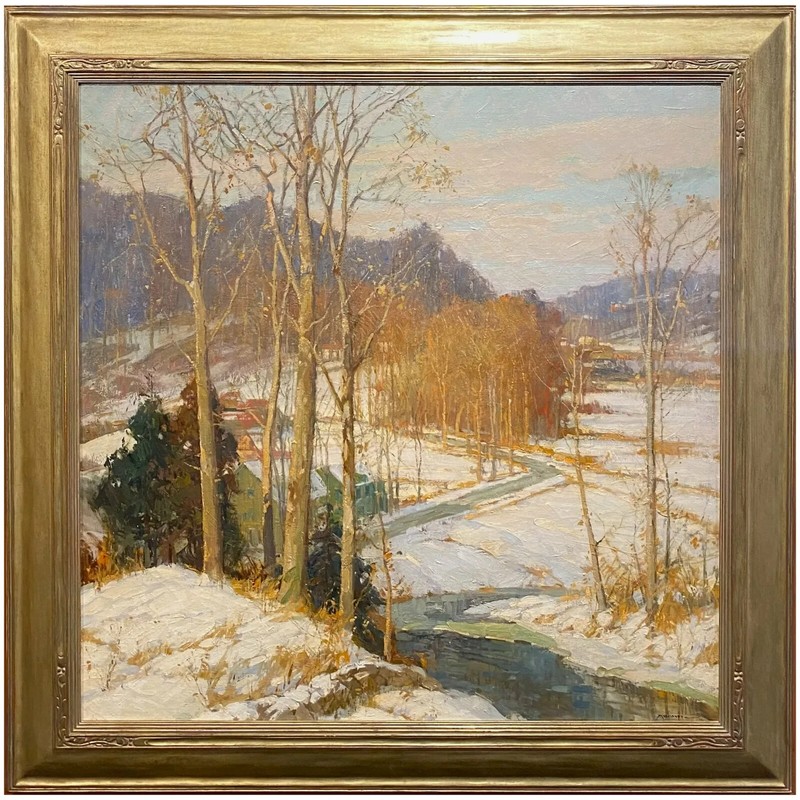 Frederick John Mulhaupt Winter Landscape Oil Painting, The Valley Road, c 1925