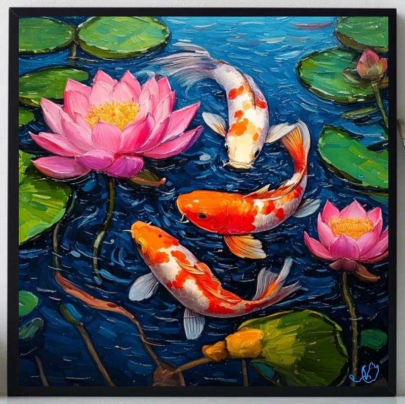 ORIGINAL Oil PAINTING on Canvas Koi fish 12×12 in Textured Art Сustom Order