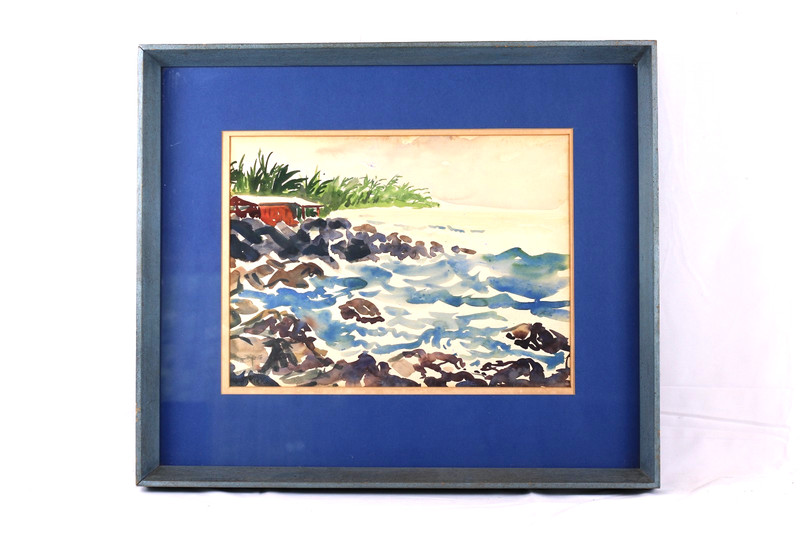 Vintage Coastal Scene With Rocks Ocean Watercolor Painting Signed Nancy M Kirk