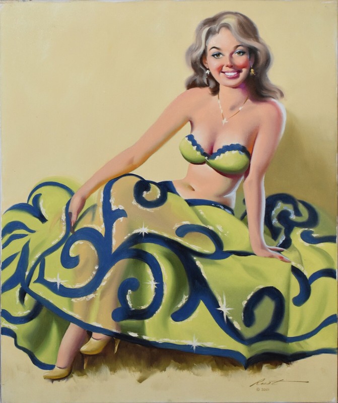 DONALD RUST-Illustrator-Original Signed Oil-PIN-UP GLAMOUR GIRL-Green Dress