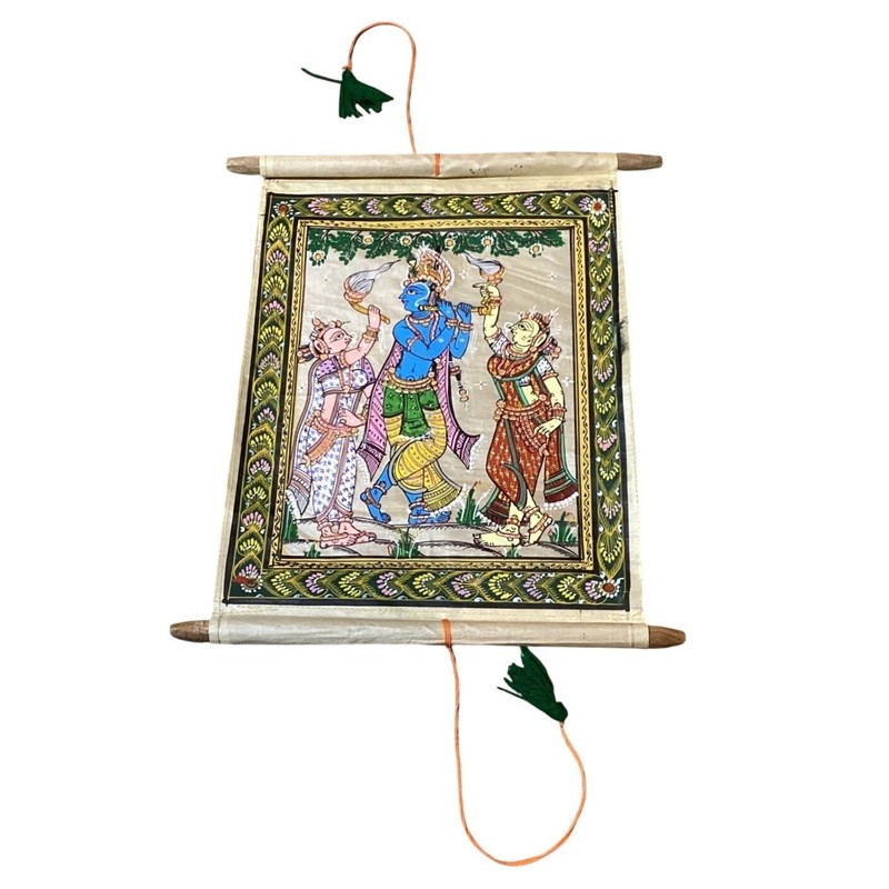 Vintage Indian Scroll Painting Krishna Radhika Radha Flute Art Wall Hanging