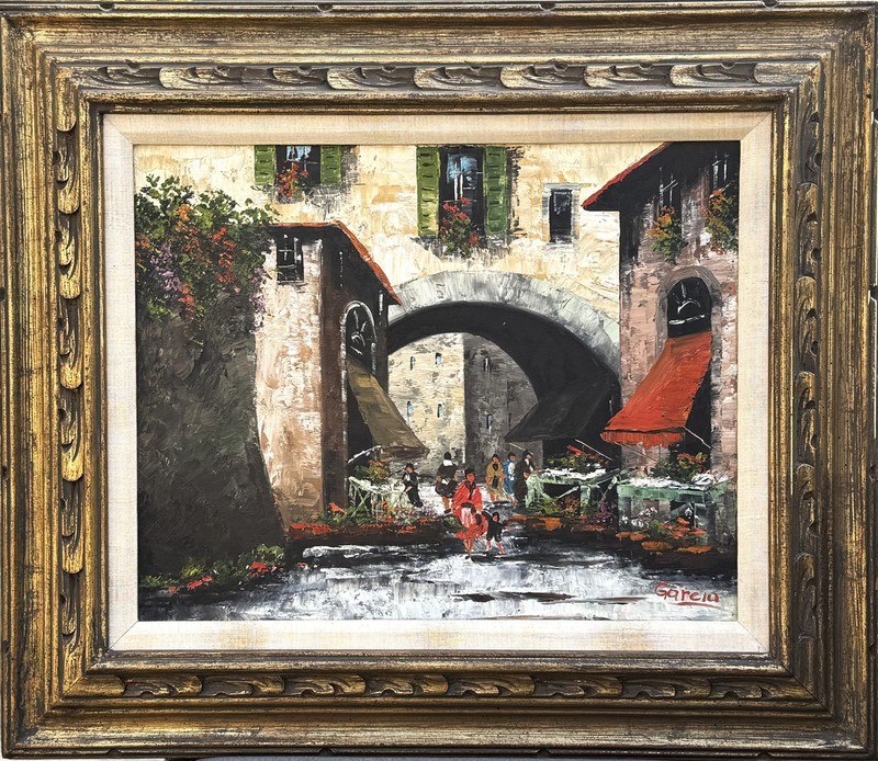 VTG Mid-20th C Original Impressionistic O/C «Malaga Street Scene», Signed Garcia