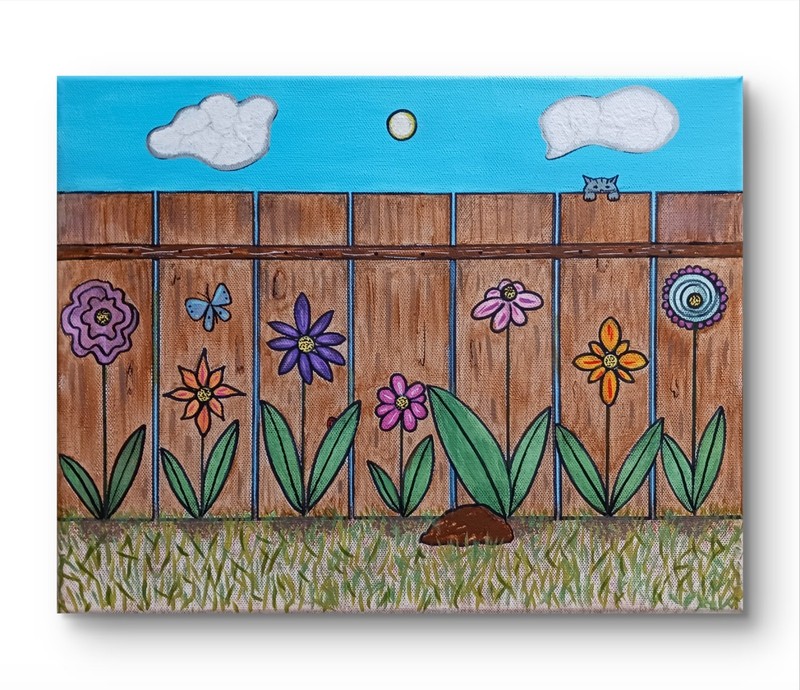 Original Artwork Painting Cat Fence Flowers 11 x 14, Unframed by Charlene Slie