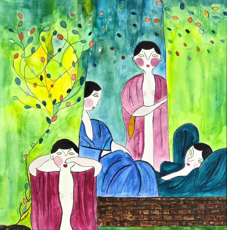 Original Watercolor Painting Women Bath House Onsen Yukata by JLO Japanese Asian gallery