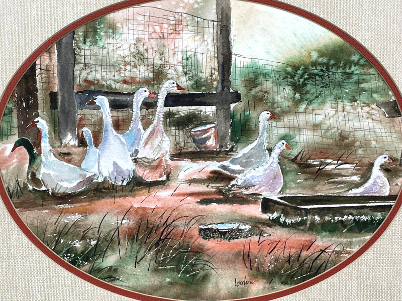Original Signed Art Watercolor Painting Gaggle of Geese Farm Birds Barnyard