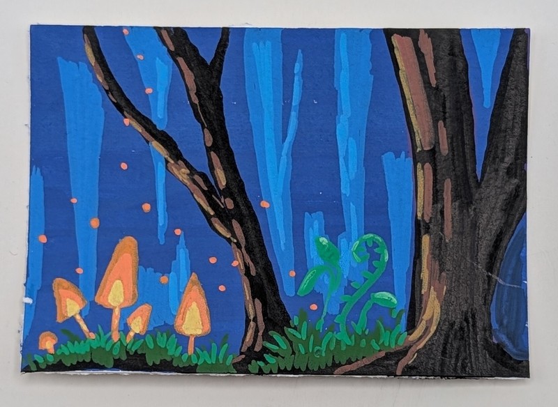 ACEO Original Art Painting Signed By Rachael Goss Mushroom Forrest