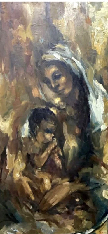 Religious Mother & Child Figurative Painting – Brown & Beige People Don Ruffin