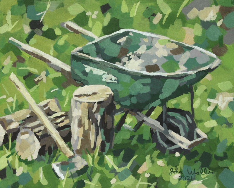 Original Plein Air Painting- Green Wheelbarrow – 8 x 10 inch by John Wallie