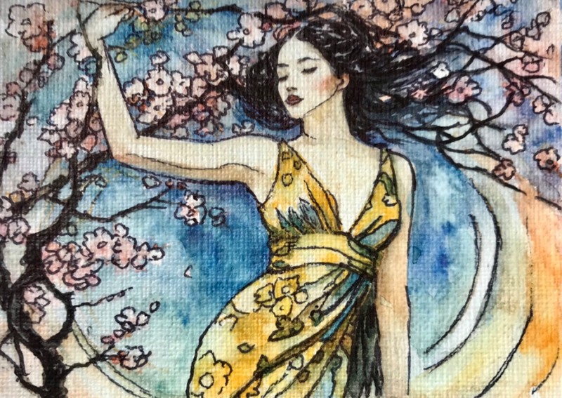 ORIGINAL Painted Pen and Watercolor (ACEO) Japanese Sakura