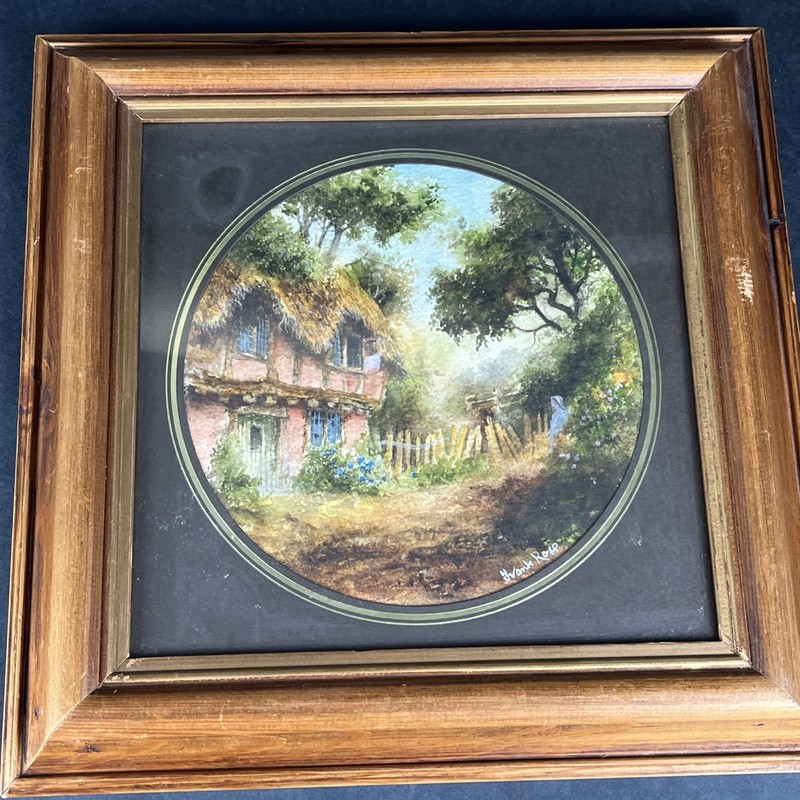 Signed Frank Rose Watercolor English Thatched Cottage Painting Cottagecore Frame