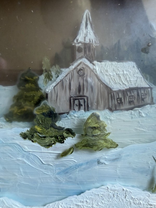 Vintage Reverse Painted Glass Winter Church Scene 3D Art Signed Carrie T Framed gallery