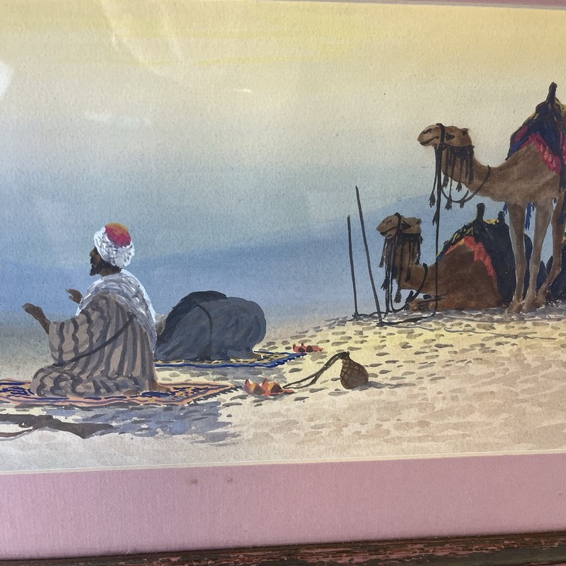 Atq Middle East Painting Muslim Man Camels Bedouin C. Neville Watercolor Prayer gallery