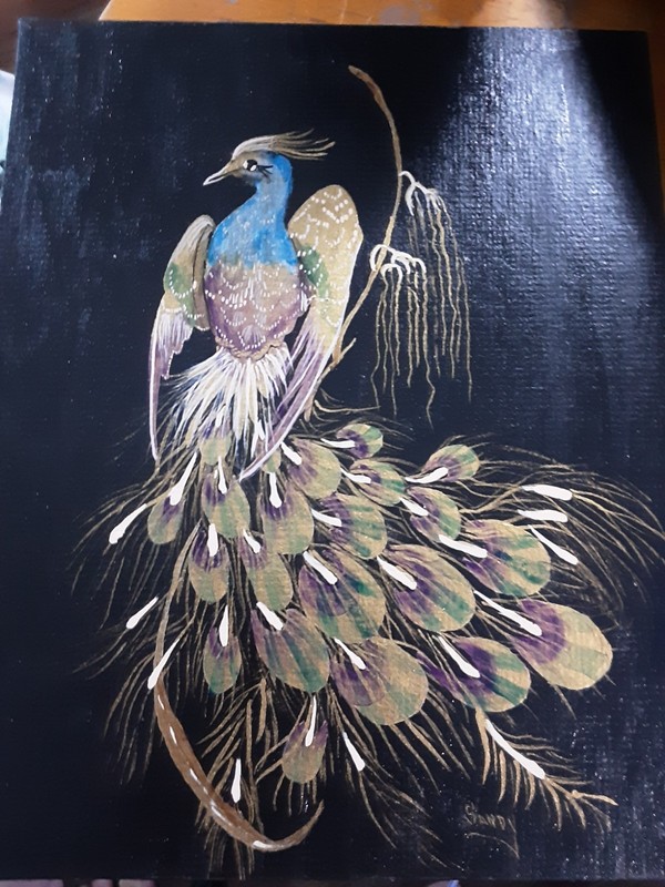 VINTAGE ORIGINAL 8 X 10 PEACOCK OIL PAINTING SIMPLY SIGNED SANDY gallery