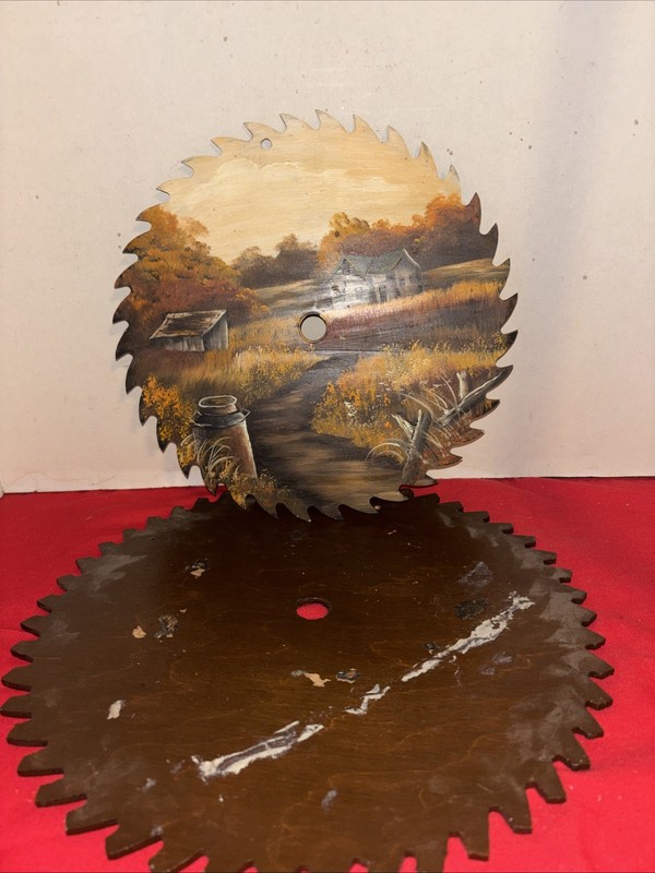 Vtg Hand Painted 10”Saw Blade Country Farm Rustic Home W/wood Background