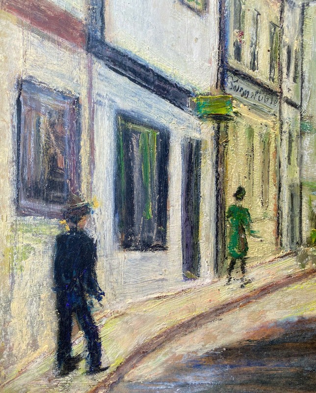 Oil Gouache Village View with Church Tower Side Street with People Bell Tower gallery