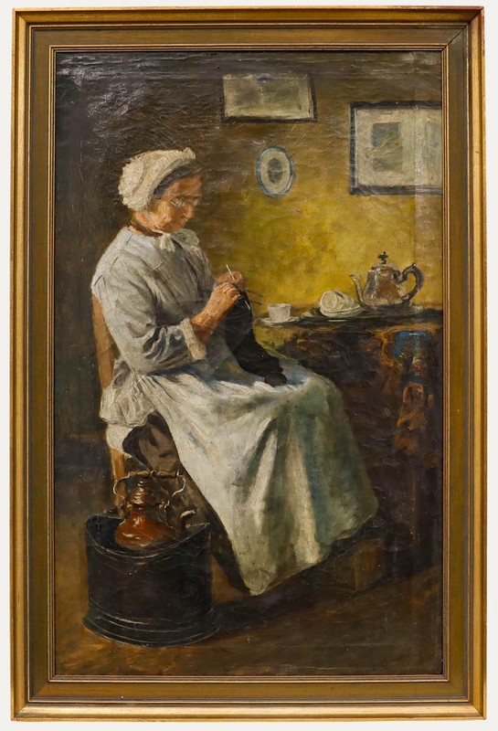 Framed Late 19th Century Oil – Elderly Woman Knitting