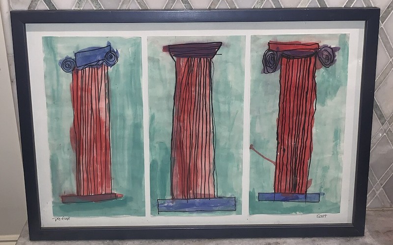Vintage Architectural Columns Ink Watercolor Scott 22”x15” Framed Green Blue Red