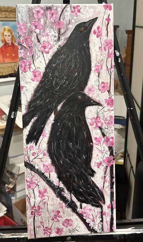 CROW/ravens black bird Cherry Blossoms Original painting Signed 8x20 WOW gallery