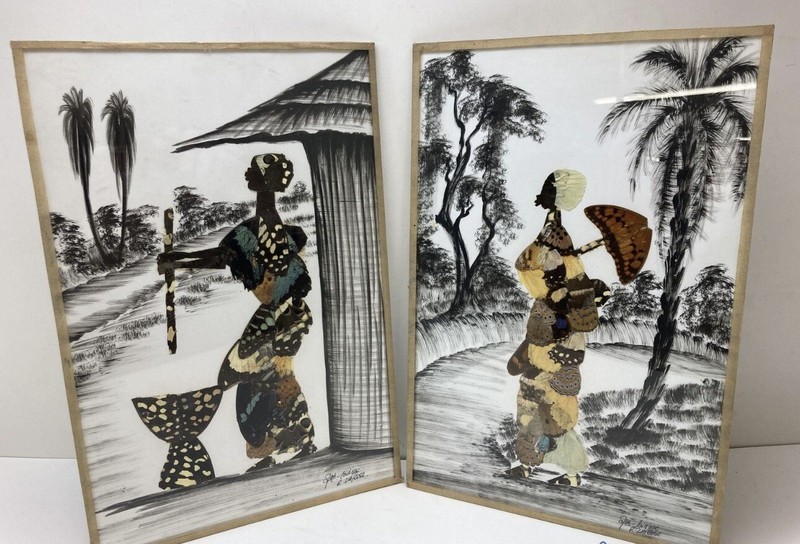 Vnt Painting African Woman Abstract with Real Butterfly Wings Set 2 8×12 Art