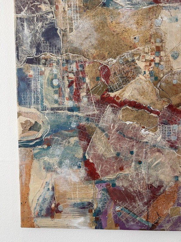 MCM Modern Abstract Oil Mixed Media Collage Ink Splatter Art Canvas 28”x28” gallery