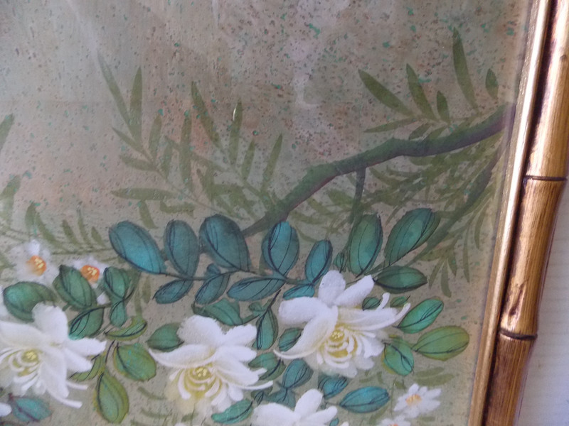 Vintage Cinoiserie Floral Faux Original Painting in Bamboo Wood framed 22"x18" gallery