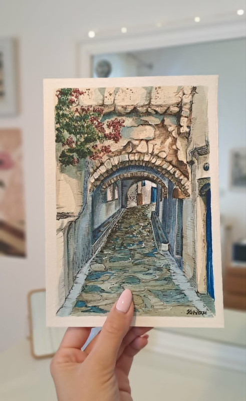 Painting/Original/Handpainted – Watercolor & ink – Greek island / One of a kind