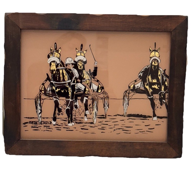 VTG Etched Racing Jockey Horse Drawn Carriage Serigraphed Gold Signed 15×19”