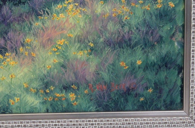 Randy Van Beek 18x28 Oil Painting Farm Landscape Mountains Horses Wildflowers gallery