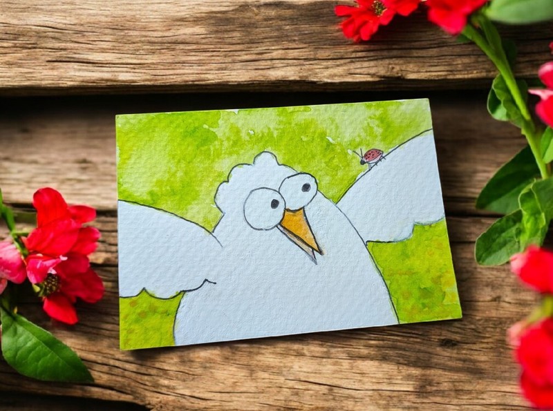 ACEO Original Art Chicken with Lady Bug Friend mixed media watercolor painting